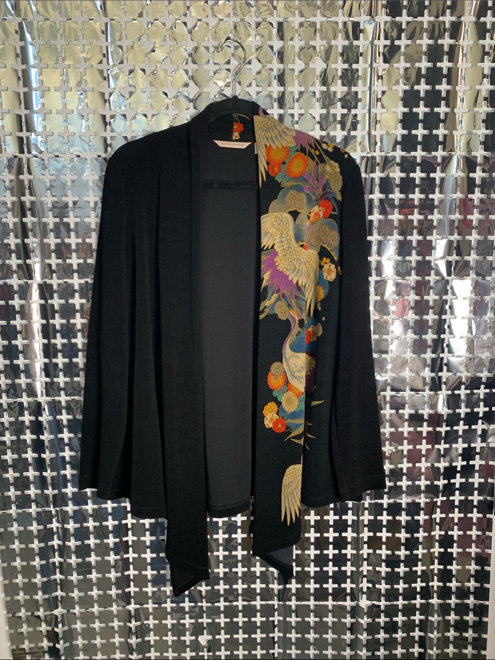 Soft Surroundings Black Open-Front Cardigan with Multicolor Crane Embroidery